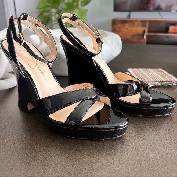 Jessica Simpson Black Patent Leather Wedge Sandals 7.5M - Picture 3 of 6
